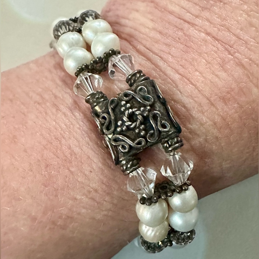 Vintage 925 Silver Victorian 2-Strand Freshwater Pearl & Crystal Quartz Bracelet